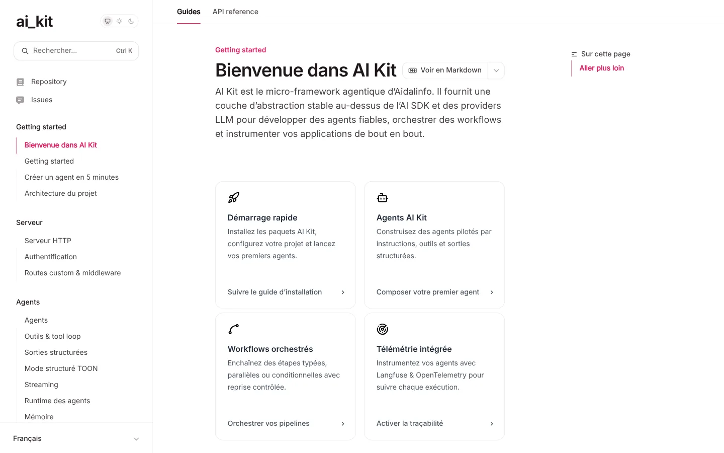 Capture de la documentation AI Kit présentant quatre entrées — Démarrage rapide, Agents, Workflows orchestrés, Télémétrie intégrée.