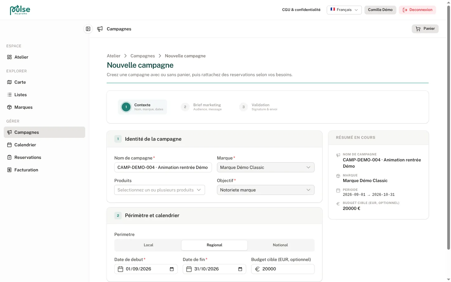 Assistant de création de campagne en trois étapes — identité (nom, marque fictive, objectif), périmètre régional et calendrier — avec un résumé synthétique mis à jour à droite.
