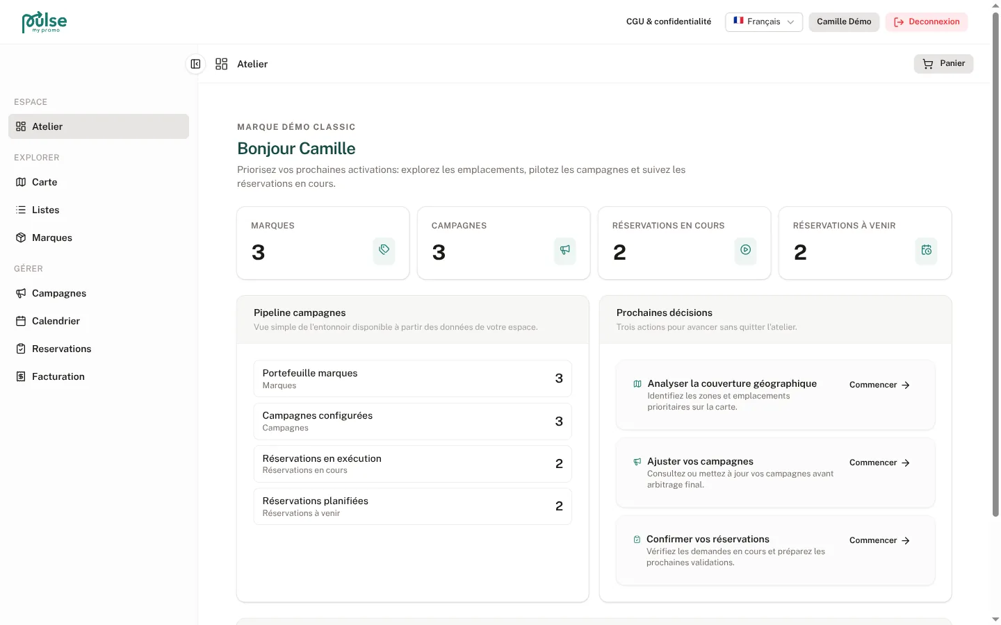 Tableau de bord de l’espace industriel affichant des compteurs de démonstration — marques, campagnes, réservations en cours et à venir — complété d’un pipeline et d’une liste d’actions prioritaires.