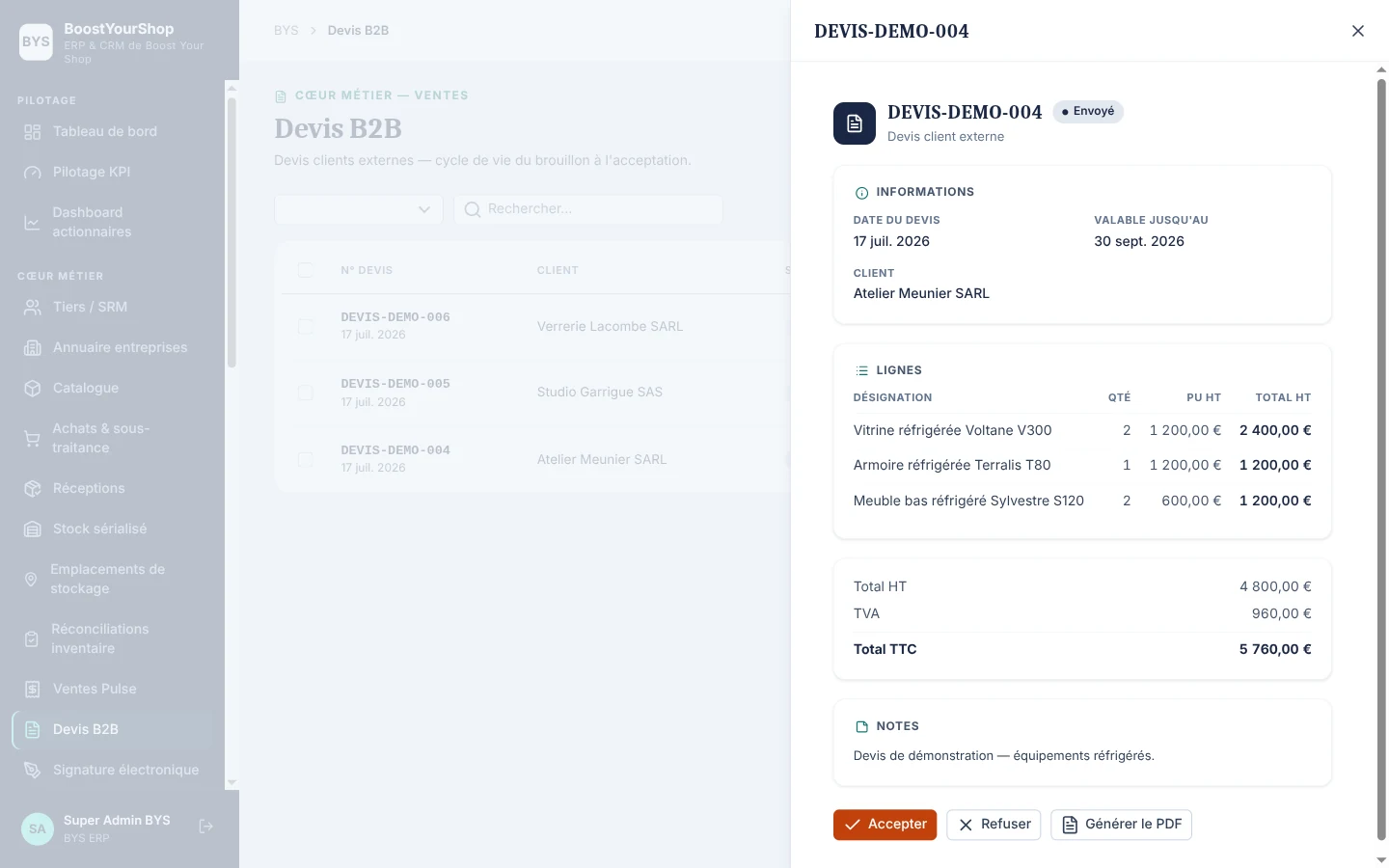 Détail d’un devis client fictif (référence DEVIS-DEMO) dans BYS ERP montrant les lignes d’équipement froid, les quantités et les sous-totaux HT, TVA et TTC, sur fond de liste des devis.