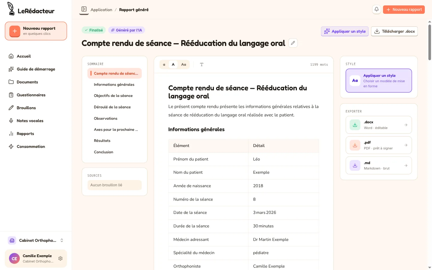 Compte rendu de séance généré, présenté en relecture : un sommaire à gauche, le corps du document au centre (titre, introduction, tableau « Informations générales » rempli de données fictives) et, à droite, des options de mise en forme et d’export aux formats Word, PDF et Markdown.